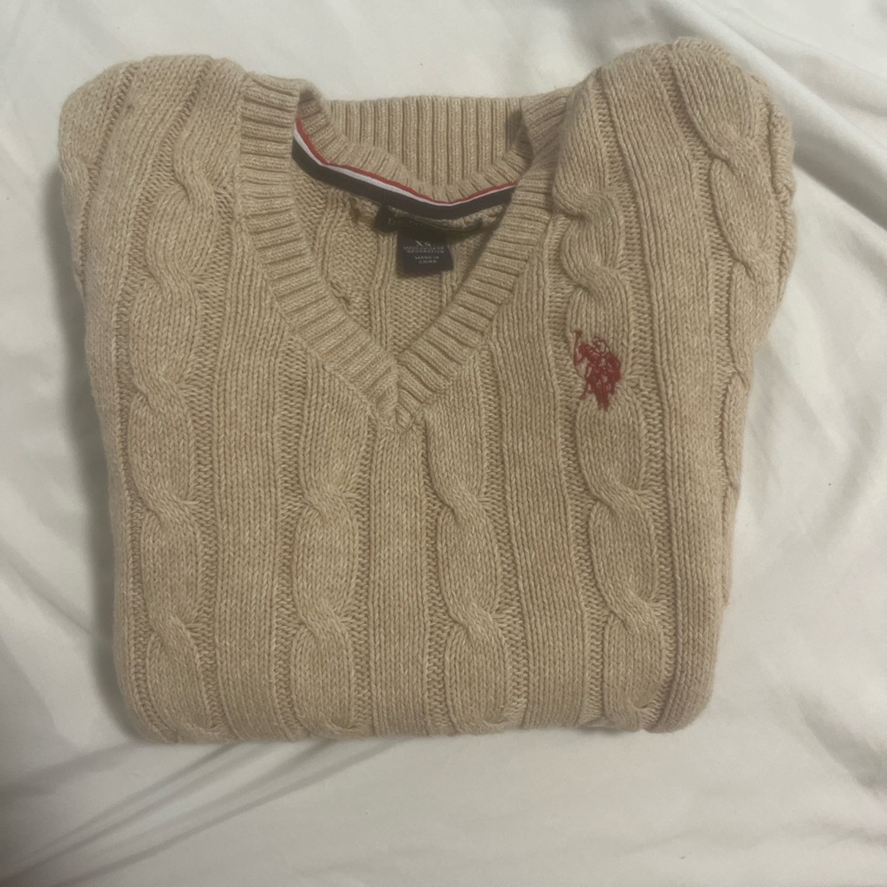 U.S. Polo Assn. Tan V-Neck Cable Knit Sweater